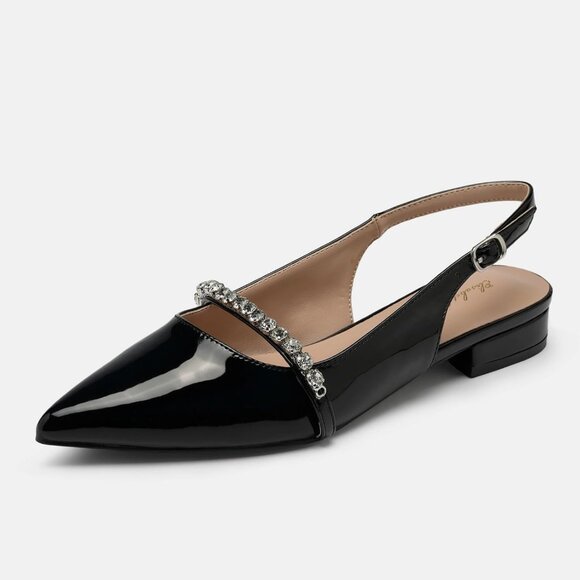 WomenBlack Patent Polyurethane (PU) Rhinestone Pointed Toe Slingback Flats Shoes - Picture 4 of 9